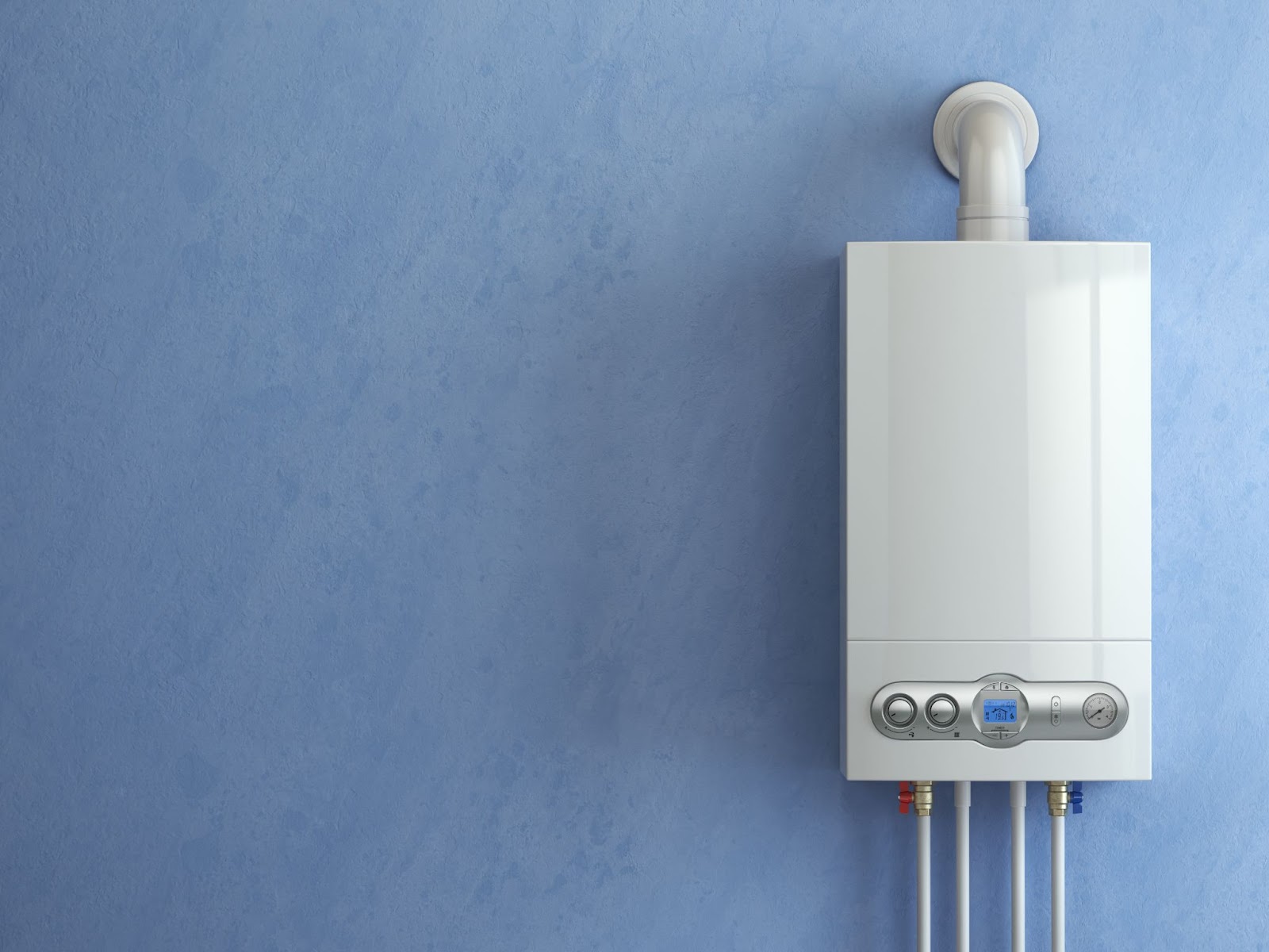 Tankless water heater mounted on a wall. 