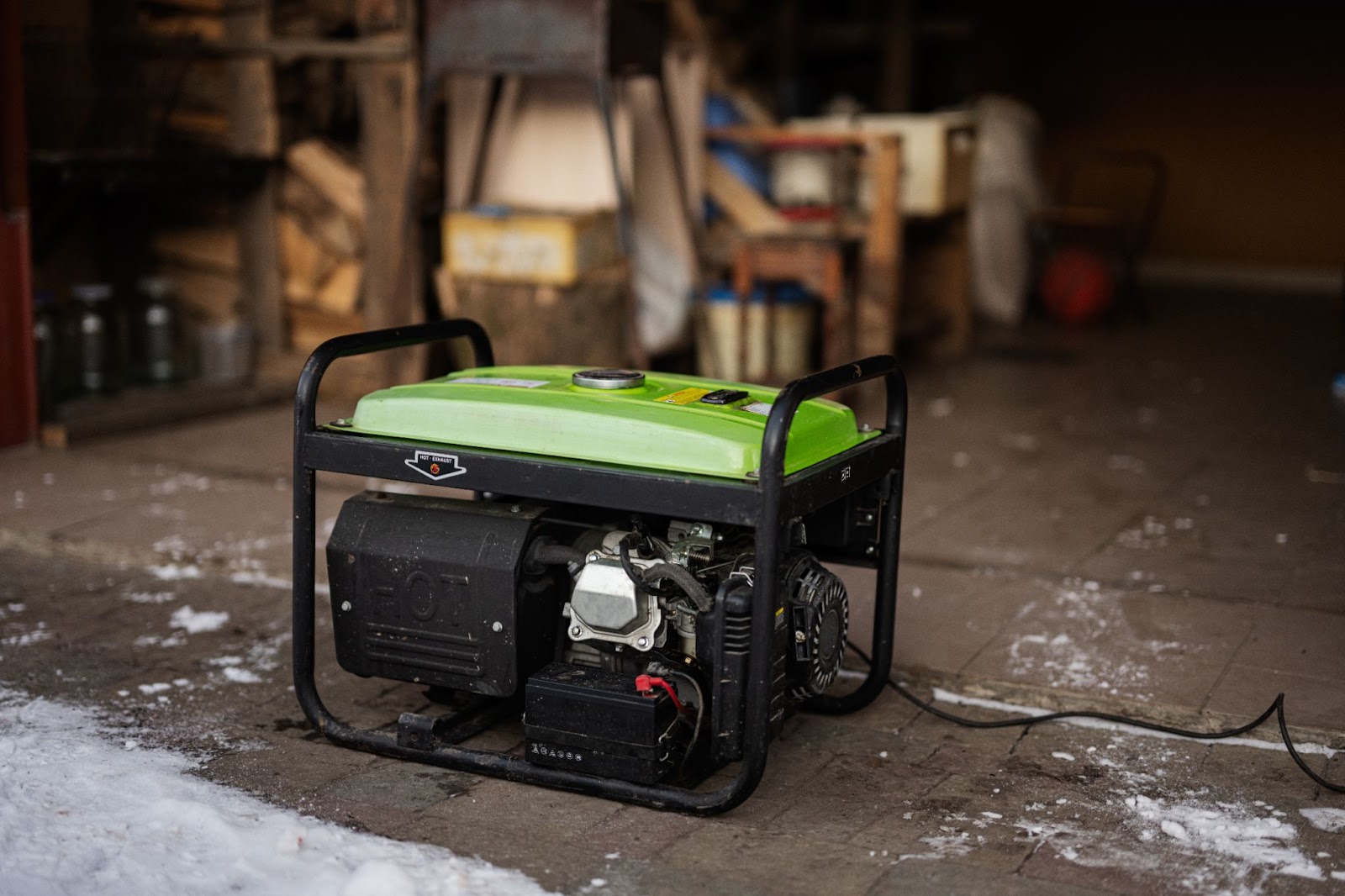 Portable generator in a garage next to snow. 