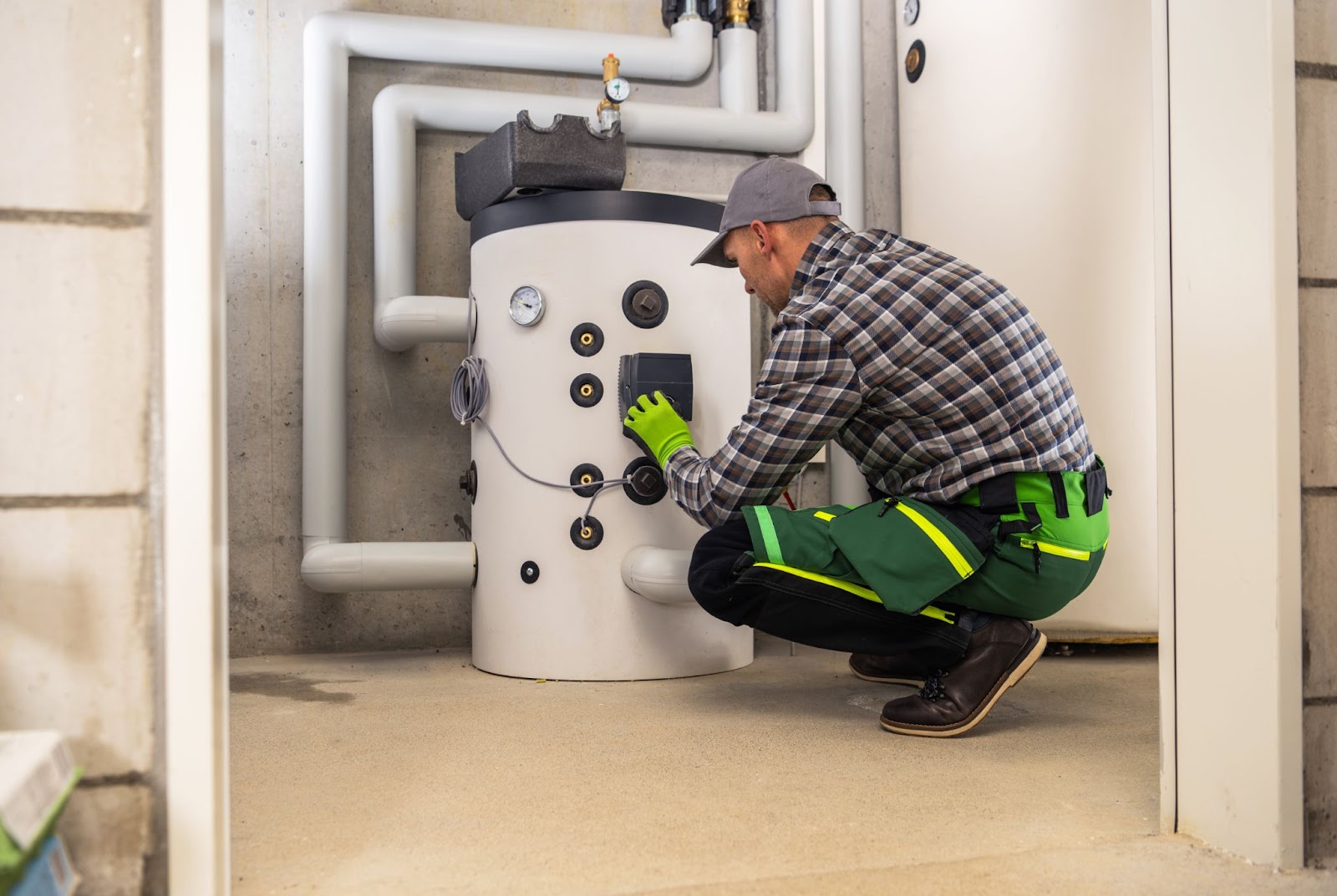 Man working on a water heater while crouching down. 