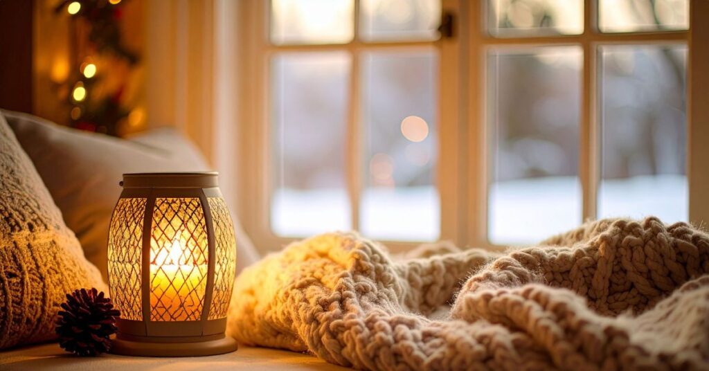Cozy living room with warm lighting in winter